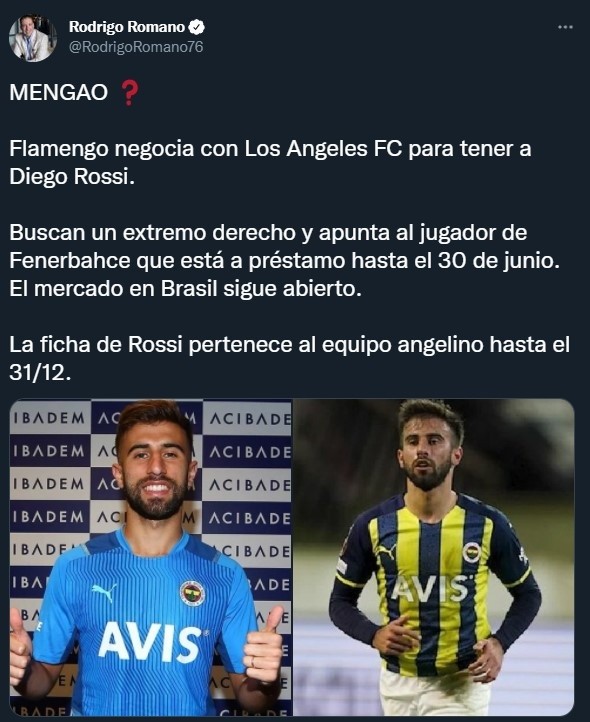 Rossi, pretendido por Flamengo (Twitter @RodrigoRomano76)