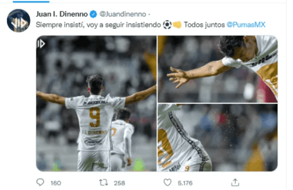 Juan Ignacio Dinenno tuiteó tras su tanto en el Pumas vs. Saprissa por la Concacaf Champions League 2022.