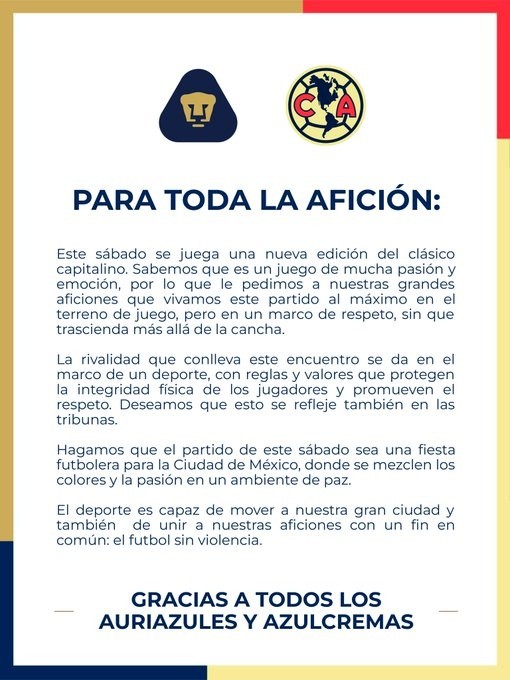 Pumas UNAM publicó un mensaje para los hinchas en la previa al Clásico Capitalino. @PumasMX