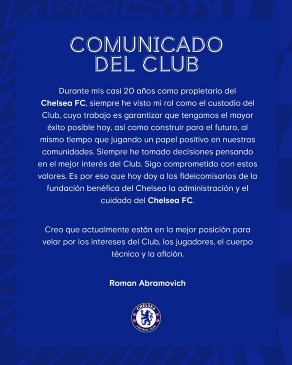 Comunicado de Chelsea - Roman Abrahmovic