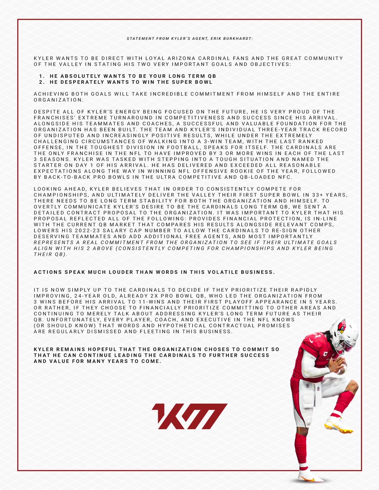 El comunicado de Kyler Murray. (@ErikBurkhardt)