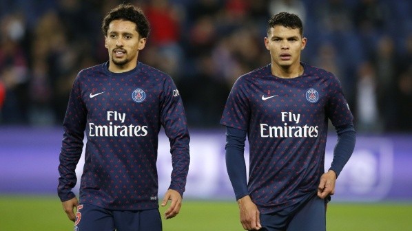 Marquinhos y Thiago Silva en PSG en 2018