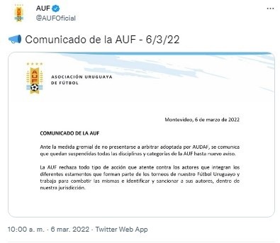Fuente: Twitter Oficial AUD (@AUFOficial)