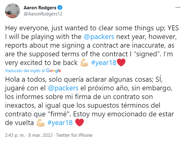 Aaron Rodgers sobre el supuesto contrato con Packers (Foto: @AaronRodgers12)