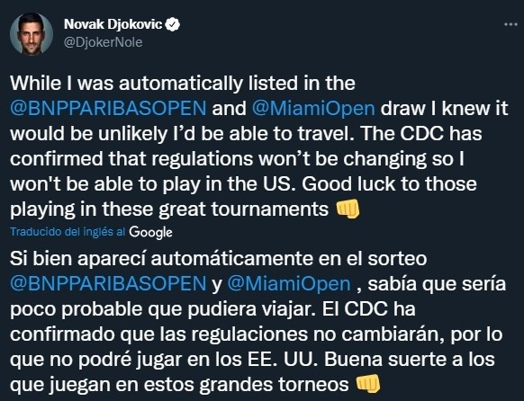 Djokovic no jugará Indian Wells ni Miami (Twitter @DjokerNole)