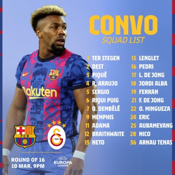 Convocatoria de Barcelona ante Galatasaray con Braithwaite