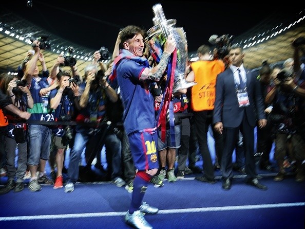 Messi en festejo de título de Champions. Getty.