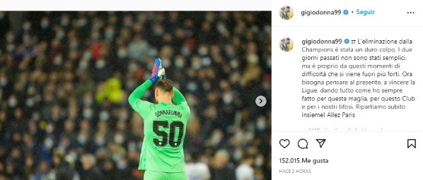Donnarumma y su mensaje tras la debacle de PSG por su error (Instagram @gigiodonna99)