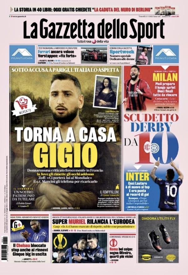 &quot;Vuelve a casa, Gigio&quot;, en la portada de La Gazzetta dello Sport.
