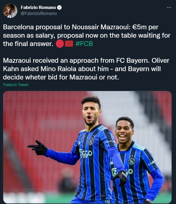 Mazraoui recibió una oferta de Barcelona (Twitter @FabrizioRomano)