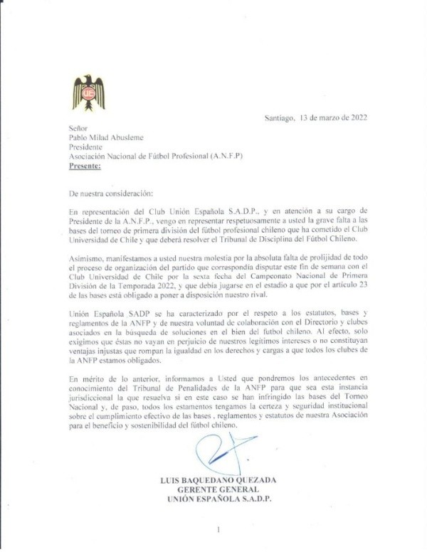 Carta Unión Española a la ANFP manifestando su molestia por suspensión del partido ante Universidad de Chile