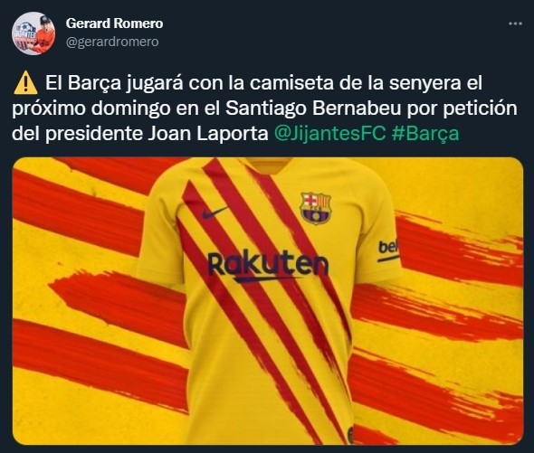 Barcelona irá al Bernabéu con la camiseta de la &#039;senyera&#039; (Twitter @gerardromero)