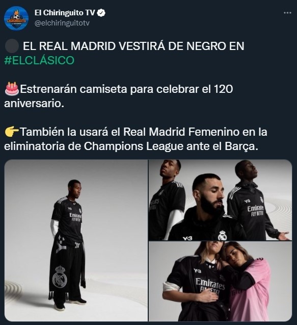 Real Madrid estrena camiseta negra para El Clásico (Twitter @elchiringuitotv)