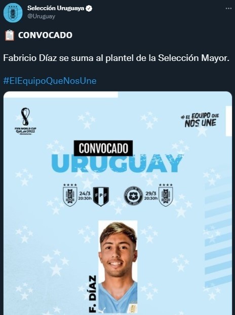 Fabricio Díaz, la sorpresa como reemplazo de Vecino (Twitter @Uruguay)