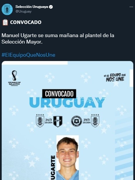 Manuel Ugarte, convocado para la selección (Twitter @Uruguay)