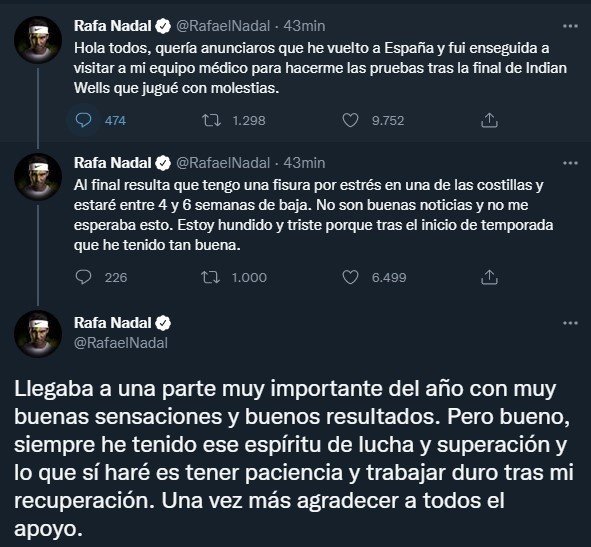 El comunicado de Nadal sobre su lesión