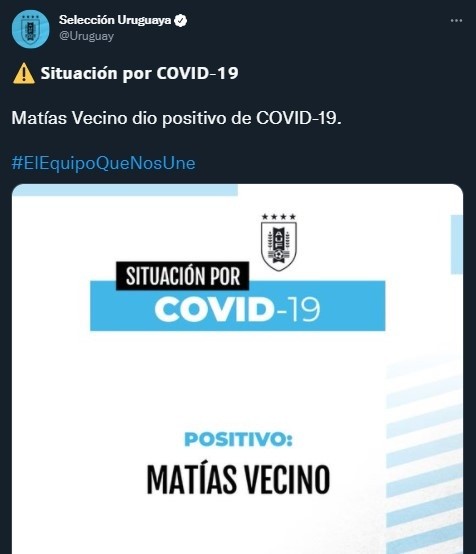 Vecino, baja para Uruguay por Covid-19 (Twitter @Uruguay)