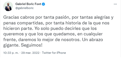 Tweet Presidente Gabriel Boric post Chile vs Uruguay Eliminatorias a Qatar 2022