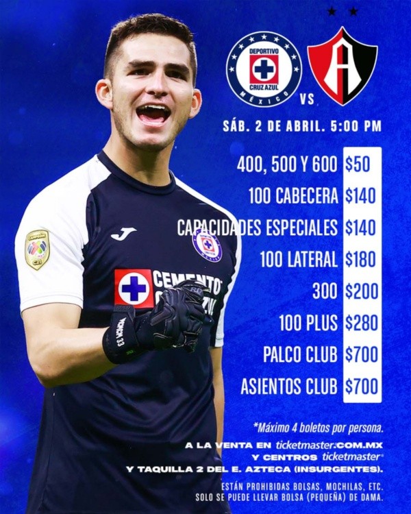 Precio de boletos para Cruz Azul vs. Atlas (Cruz Azul)