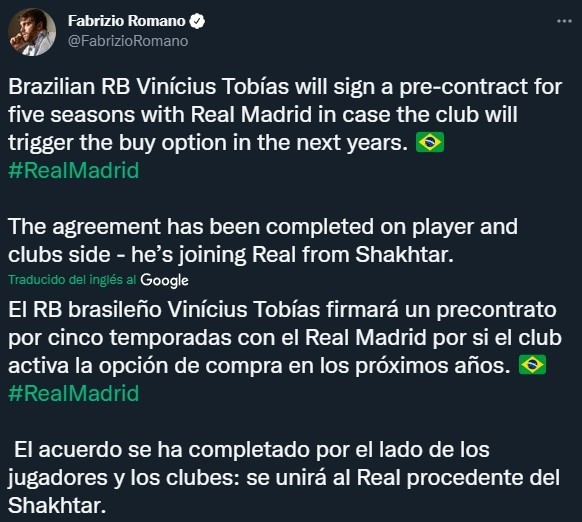 Fabrizio Romano confirma el acuerdo por Vinicius Tobías (Twitter @FabrizioRomano)