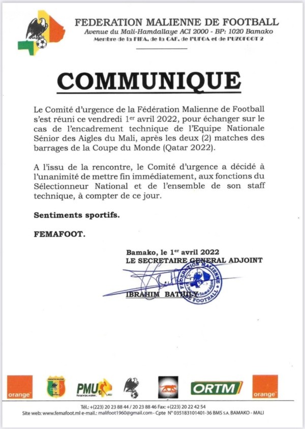 Mali cesa a Mohamed Magassouba como entrenador (Twitter @femafoot)
