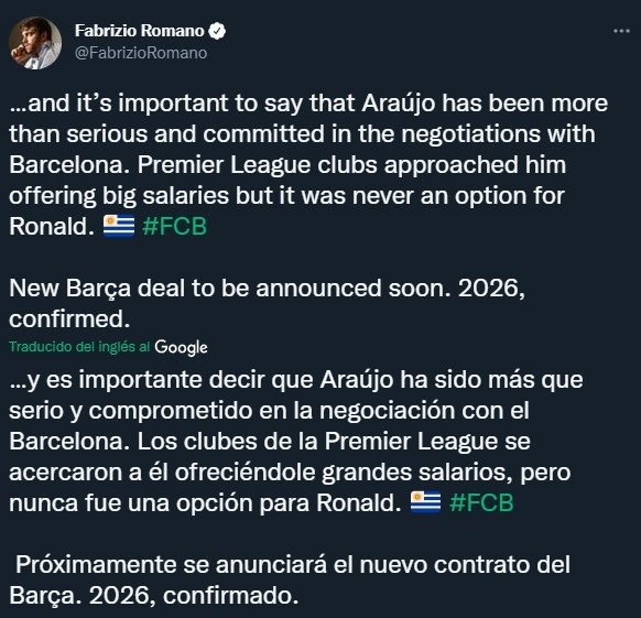 Contrato hasta 2026 para Araújo en Barcelona