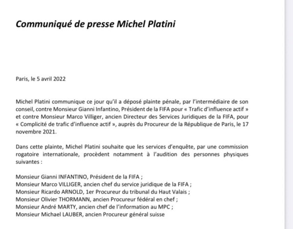 Comunicado de prensa de Michel Platini sobre la denuncia contra Infantino