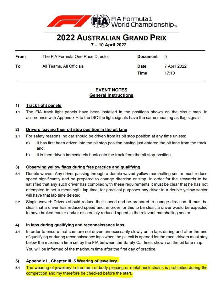 Aviso de la FIA para el GP de Australia.