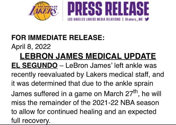 El comunicado oficial por la lesión de LeBron James (@Lakers)