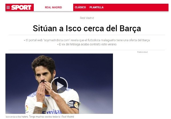 La información de Sport sobre la oferta del Barça por Isco
