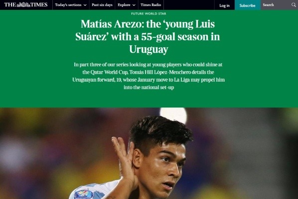 La nota del Times sobre Matías Arezo como el 'joven Luis Suárez'
