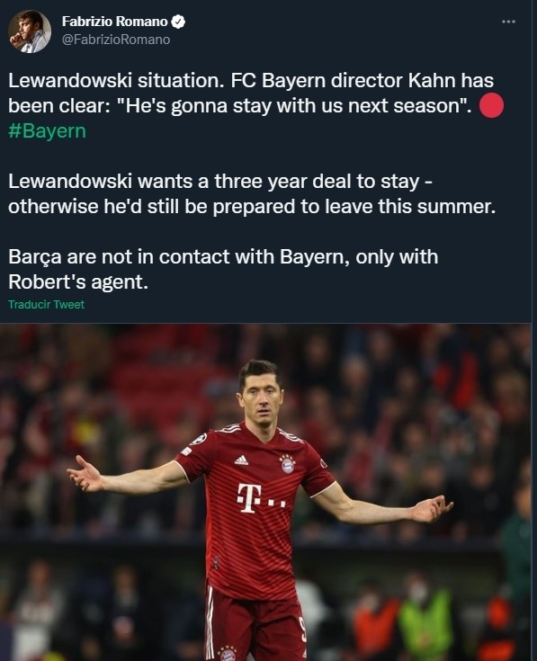 Lewandowski quiere tres años de contrato para renovar con Bayern (Twitter @FabrizioRomano)