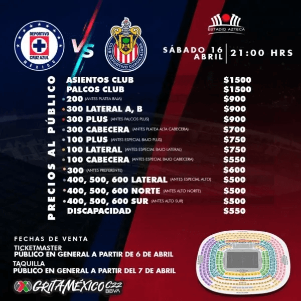 Lista de precios para el Cruz Azul vs. Chivas