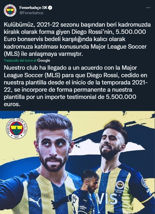 Fenerbahçe confirma la compra de la ficha de Diego Rossi (Twitter @Fenerbahce)