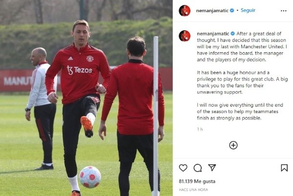 Nemenja Matic anunció su salida de Manchester United (Instagram @nemanjamatic)