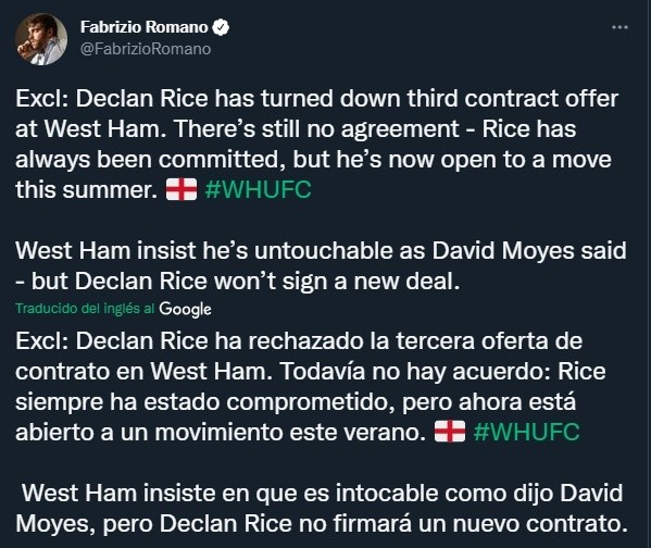 Fabrizio Romano revela que Rice rechazó tres ofertas de renovación con West Ham