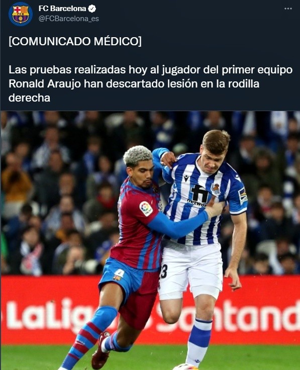 El parte médico de Barcelona sobre Ronald Araújo