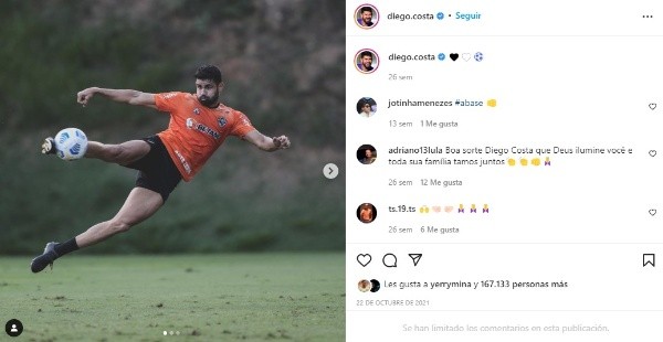 Diego Costa en entrenamiento con Atlético de Madrid. Getty.