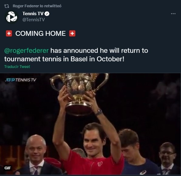 Federer confirmó su presencia en el ATP de Basilea (Twitter)