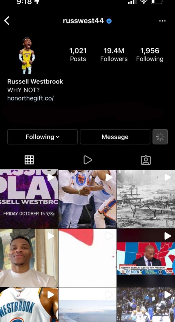 Russell Westbrook borró fotos como jugador de los Lakers (Foto: @russwest44)