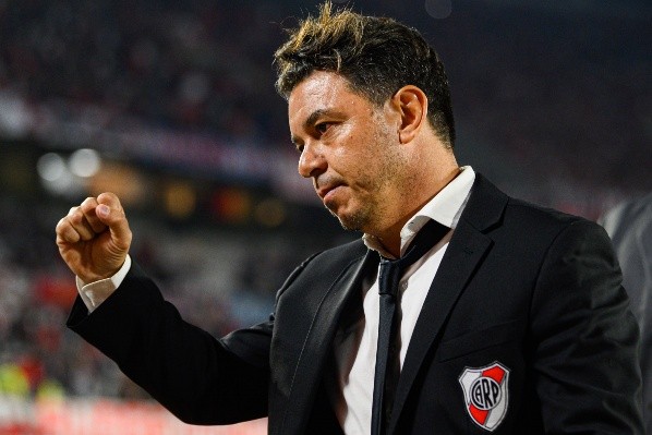BUENOS AIRES, ARGENTINA - 2022/04/13: Marcelo Gallardo, manager of River Plate celebrates the victory of his team during the 2022 Copa Conmebol Libertadores match between River Plate and Fortaleza at Estadio Monumental Antonio Vespucio Liberti. Final score; River Plate 2:0 Fortaleza. (Photo by Manuel Cortina/SOPA Images/LightRocket via Getty Images)-Not Released (NR)