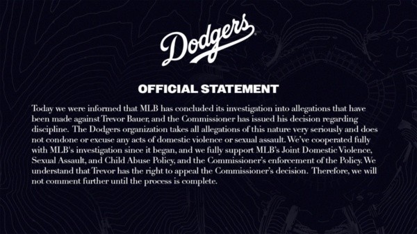 El comunicado del equipo por el caso Trevor Bauer (@Dodgers)