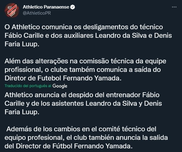 Así anunció Athletico Paranaense la salida de Fábio Carille en Twitter