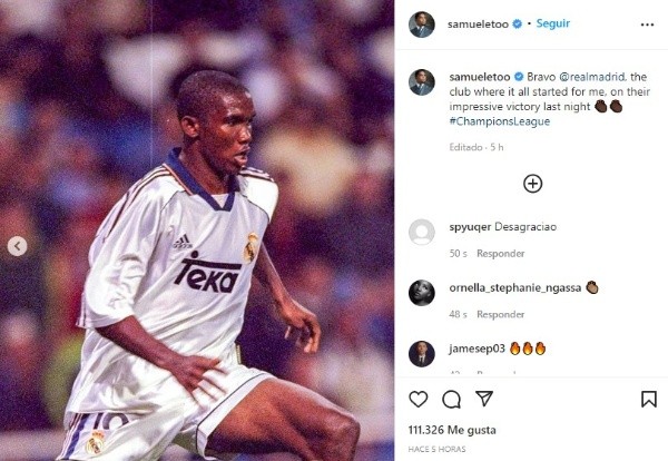 La publicación de Samuel Eto'o que desató las críticas en Instagram
