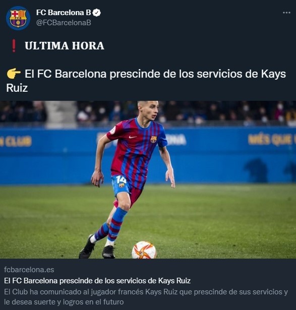 Barcelona anunció la rescisión de contrato de Kays Ruiz