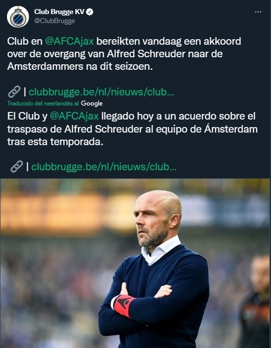 Brujas anunció el acuerdo con Ajax por Schreuder (Twitter @ClubBrugge)