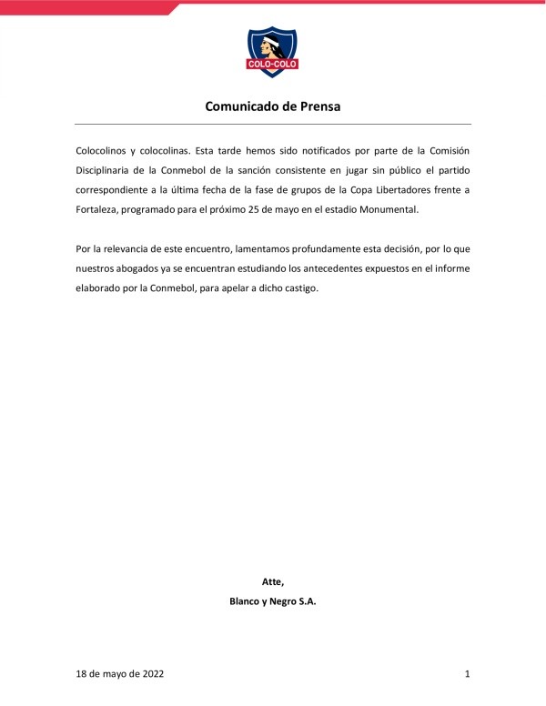 Comunicado Colo Colo Comunicado Colo Colo