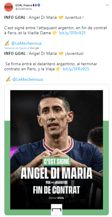 La información de Goal sobre Di María.