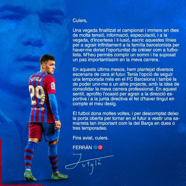 La carta de despedida de Ferran Jutglà del Barcelona