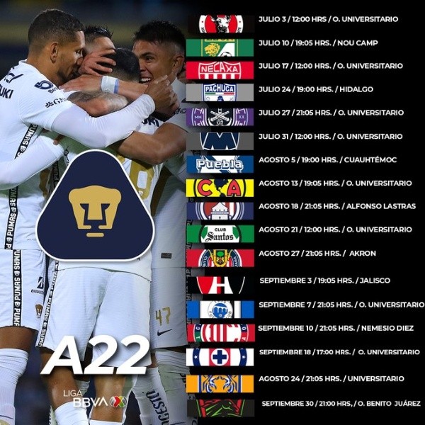 El calendario completo de Pumas en la fase regular del Apertura 2022. @PumasMX